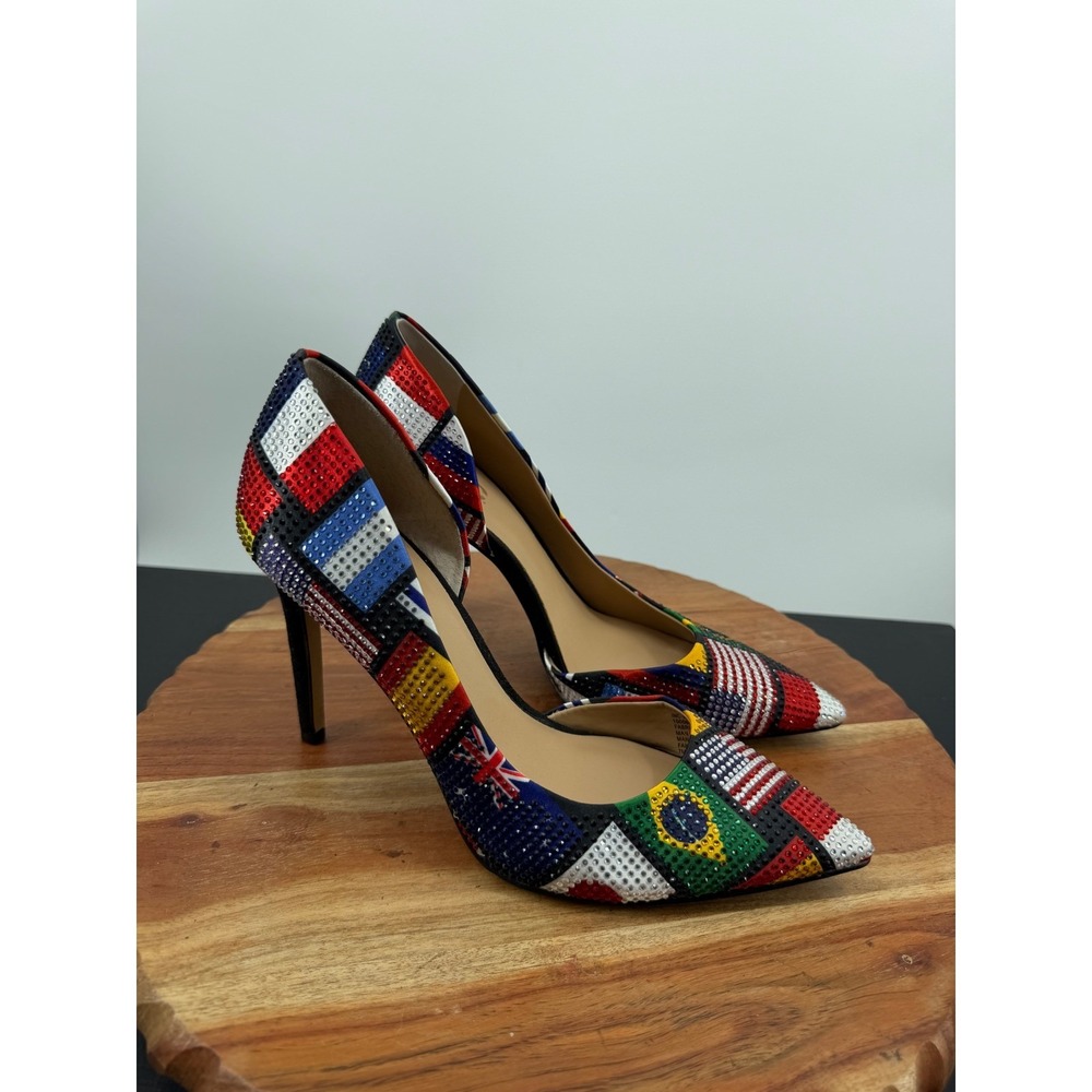 INC Kenjay 38 Pump Women 7.5 Multicolor Rhinestone Flag Print d'orsay Stiletto